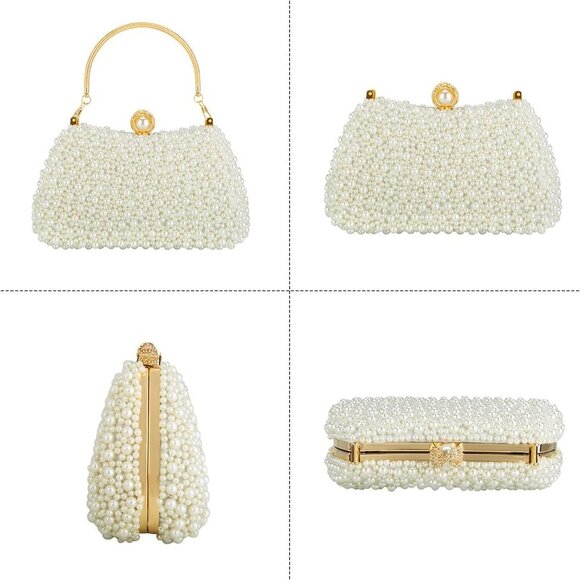 Beaded Evening Clutch Bag Women's Pearl Dressy Shoulder Crossbody Gift - Picture 6 of 7